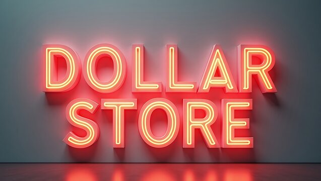 Eye-catching neon typography of dollar store signage glowing against a muted background