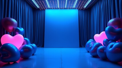 High-Tech Party Scene – Vibrant Blue & Purple Decor with Neon Circuit Cityscape, Silver Backdrop & Cobalt Drapes – Copy Space for Text & Custom Graphics, background in trend