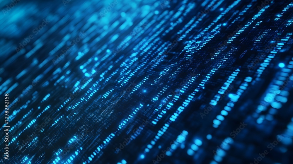 Leinwandbilder Vibrant Blue Digital Network and Data Backdrop with Futuristic Technology Abstract Pattern  Glowing Digital Pixels Codes and Matrices in a Technological Cyber Environment
