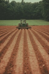Fototapeta premium Tractor plowing rich, red soil in symmetrical rows, surrounded b