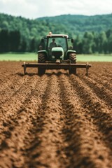 Tractor cultivates rich brown soil under bright sunlight with hi