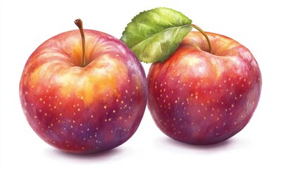 Two vibrant red apples with a green leaf, showcasing natural colors and textures, isolated