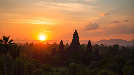 Sunset Over an Ancient Temple Surrounded by Jungle