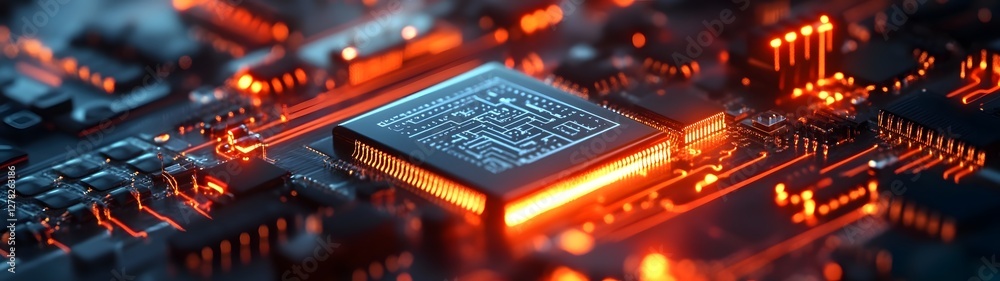 Poster Vibrant Circuitry Illuminating the Future of Technology  A close up view of a complex electronic circuit board lit up with glowing orange and red lights