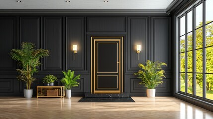 A modern classic black interior space with high ceilings, intricate paneling, and a textured wooden floor.