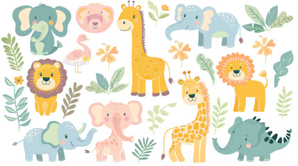 Naklejka premium Cute Safari Animal Illustrations Set with Giraffes, Elephants, Lions and Leaves in Pastel Colors.