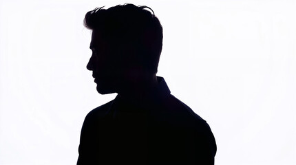 Black silhouette of handsome young man for wallpaper design. Backlit male figure on white background