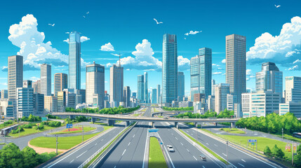 Obraz premium Big city with modern skyscrapers and highway perspective. Vector cartoon illustration of town with street lights and lawn along road, high-rise office and housing buildings, blue sky with white clouds