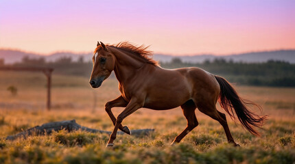 Fototapeta premium Buck skin horse grazing at ranch at sunset. Beautiful brown equine running in nature at dusk