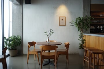 Minimalist cafe interior with wooden table and chairs