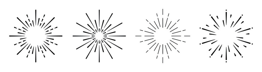 Obraz premium Minimalist starburst design with four symmetrical starburst patterns. Starburst lines radiate outward. Simple, elegant starburst motif for decoration. Festive elements, vector set.