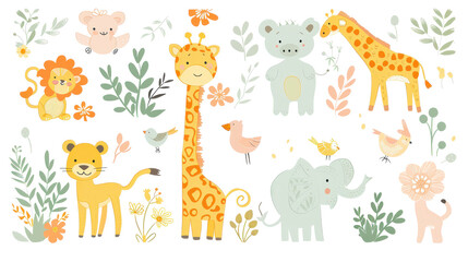 Naklejka premium Cute Safari Animal Illustrations Set with Giraffes, Elephants, Lions and Leaves in Pastel Colors.