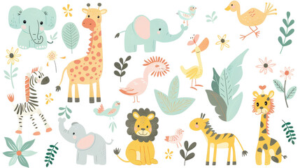 Cute Safari Animal Illustrations Set with Giraffes, Elephants, Lions and Leaves in Pastel Colors.