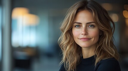 Obraz premium Businesswoman in office lobby, soft light, modern backdrop, conveying professionalism and focus.
