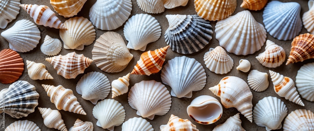 Poster close up of various smooth and embossed seashells in soft natural colors on a sandy surface with spa