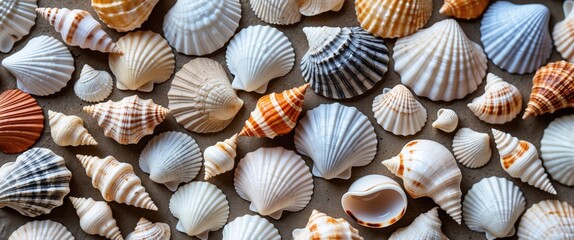 Close Up of Various Smooth and Embossed Seashells in Soft Natural Colors on a Sandy Surface with Space for Custom Text or Designs