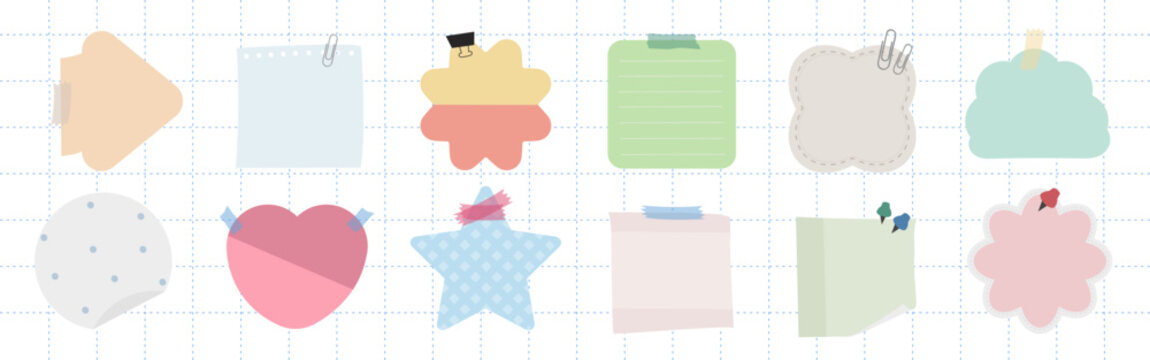 A collection of colorful sticky notes in various shapes like stars, hearts, and flowers. Sticky notes in pastel colors, perfect for reminders and notes. Cute pastel memo, element set. Vectors.