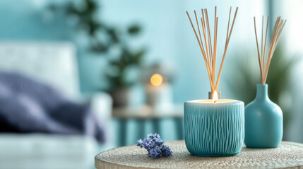 Stylish living room decor featuring aromatic candles and decorative vases for a cozy atmosphere