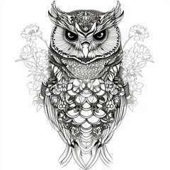 Obraz premium Ornate Owl with Floral Accents Intricate Line Art Design