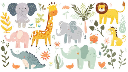 Fototapeta premium Cute Safari Animal Illustrations Set with Giraffes, Elephants, Lions and Leaves in Pastel Colors.