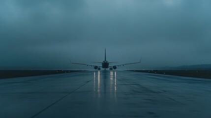 Dark stormy sky looms over plane illuminated by runway lights re