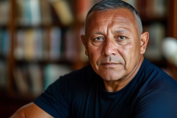 Obraz premium Portrait of a mature man in a library with shelves of books and focus on his thoughtful expression