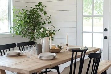 Obraz premium Rustic Dining Table Setting With White Flowers And Candles