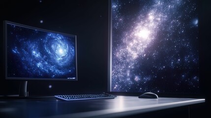 Fototapeta premium Futuristic space-themed remote workspace cosmic surroundings digital setup dark environment immersive experience