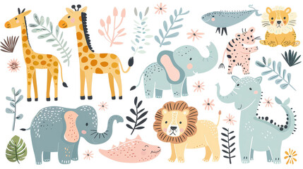 Obraz premium Cute Safari Animal Illustrations Set with Giraffes, Elephants, Lions and Leaves in Pastel Colors.