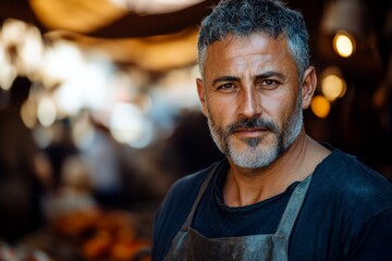Obraz premium Man with grey beard wearing an apron in a bustling market during the day