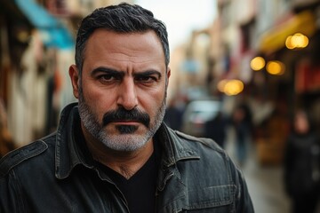 Fototapeta premium Serious man in leather jacket walking through an urban market district during late afternoon