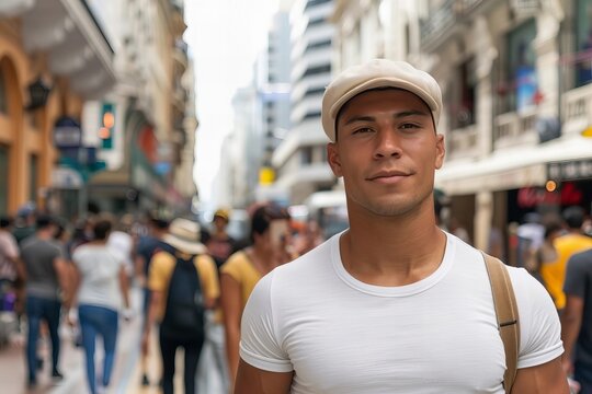 Stylish Latin Male Model in Urban Setting, Sporting Classic White Tee and Cap with Confidence