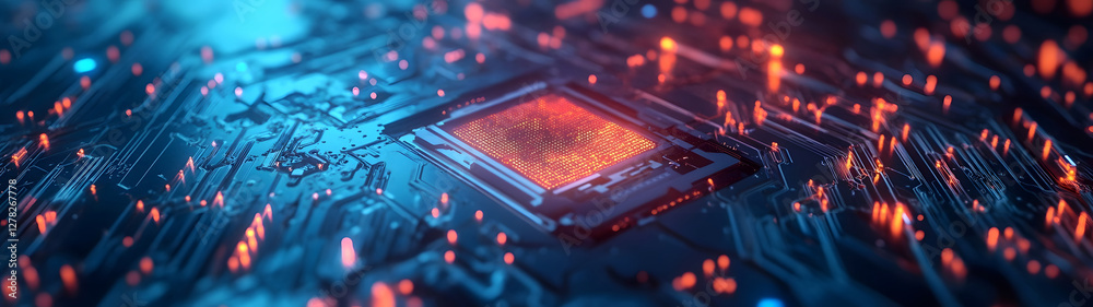 Poster vibrant technological landscape with intricate digital circuits microchips and electronic components