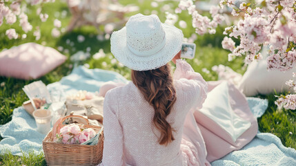 Obraz premium Spring picnic under blossom: capturing the beauty of nature, peaceful holiday moment and outdoor leisure activity