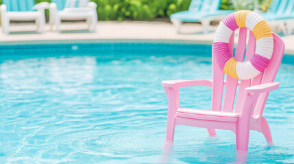 Fototapeta premium Summer get away: Pink chair with a life buoy stands in the shallow end of a crystal clear swimming pool on a hot sunny day