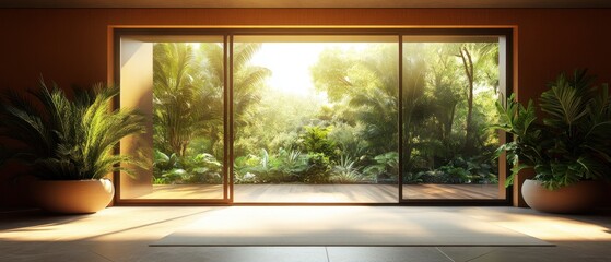 Serene indoor space with lush tropical garden view through sliding glass doors and potted plants creating a tranquil atmosphere and bright sunlight