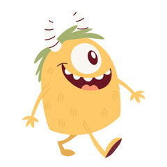 Cute yellow monster with horns and one eye. Vector children's flat illustration