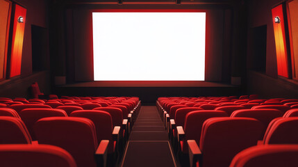 Fototapeta premium Cinema hall with audience seats and blank panoramic screen with transparent background. Template of movie theater auditorium interior with rows of red chairs, vector cartoon illustration
