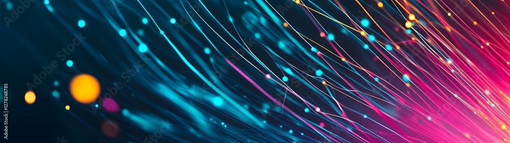 Poster Visually striking abstract digital artwork featuring a mesmerizing display of luminous multicolored neon gradients dynamic lines and shimmering geometric patterns that create a futuristic ethereal