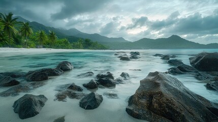 Serene beach landscape with rocky shore, palm trees, and distant mountains under cloudy sky
