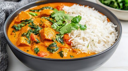 A savory bowl of chicken curry with spinach, served alongside fluffy white rice and garnished with fresh cilantro.