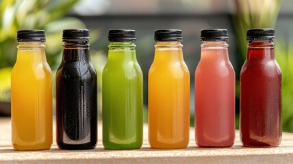 A vibrant display of six colorful juice bottles, showcasing a variety of flavors and health benefits, set against a natural backdrop.