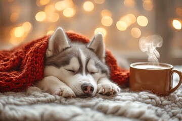 Fototapeta premium Siberian husky snuggled under cozy knit blanket, peacefully sleeping beside steaming cup of tea, warm bokeh lights in background creating tranquil winter ambiance.