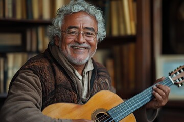 Obraz premium Smiling musician plays guitar in cozy library surrounded by books on a sunny afternoon