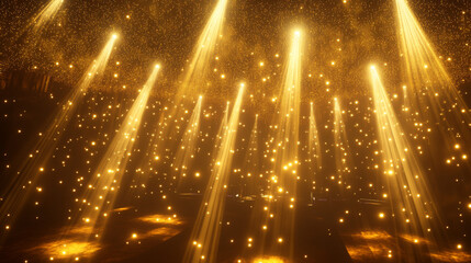 Gold light effect on stadium party stage background. Yellow concert disco club spotlight ray design. Magic festive glitter projector in luxury illuminated theater award glow studio decoration.