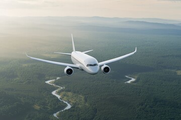 Aircraft soars above lush forest, highlighting stunning natural