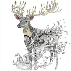 Intricate Line Art Deer in Whimsical Water Design