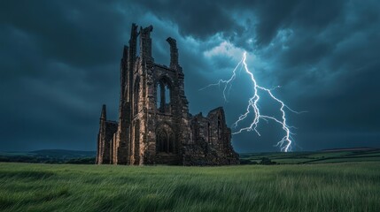 Stormy night, lightning strikes, ancient ruins, green field, dramatic landscape, ideal for fantasy or horror