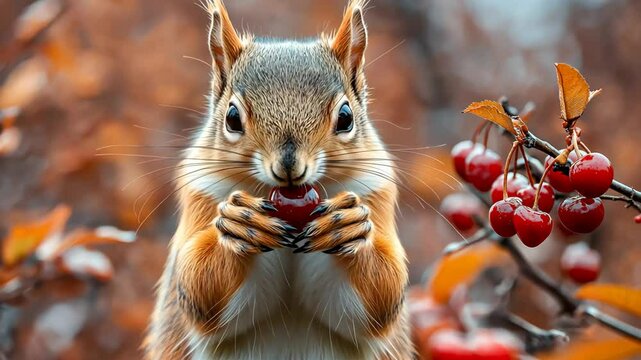 Squirrel is eating a cherry. The image has a warm and cozy feeling, as the squirrel is enjoying a snack in a natural setting