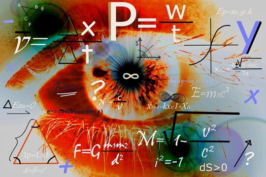 Ojo naranja transparente con f&oacute;rmulas f&iacute;sicas y matem&aacute;ticas de investigaci&oacute;n junto a teor&iacute;as, teoremas, interrogantes y an&aacute;lisis a modo de pizarra m&aacute;gica con reflejos y brillos de lente